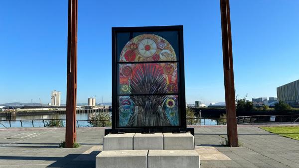 One of the Game of Thrones stained glass windows located along the Maritime Mile.