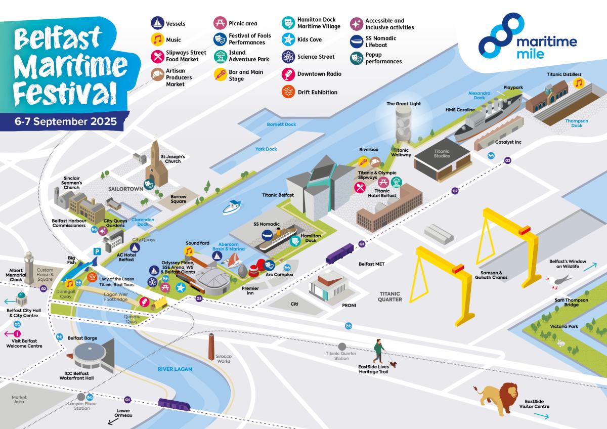 A Map detailing the things to do and see during the Belfast Maritime Festival.