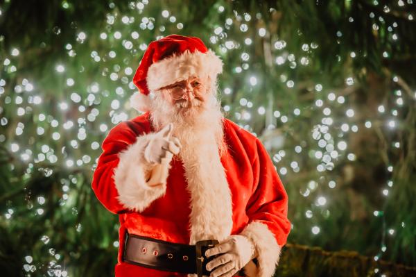 Father Christmas in front of a Christmas tree with lots of twinkly lights